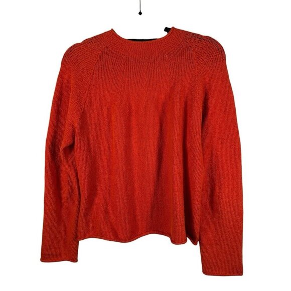 EILEEN FISHER Cotton Roll Neck Knit Sweater Large Orange Cottagecore‎ Fisherman - Picture 2 of 8